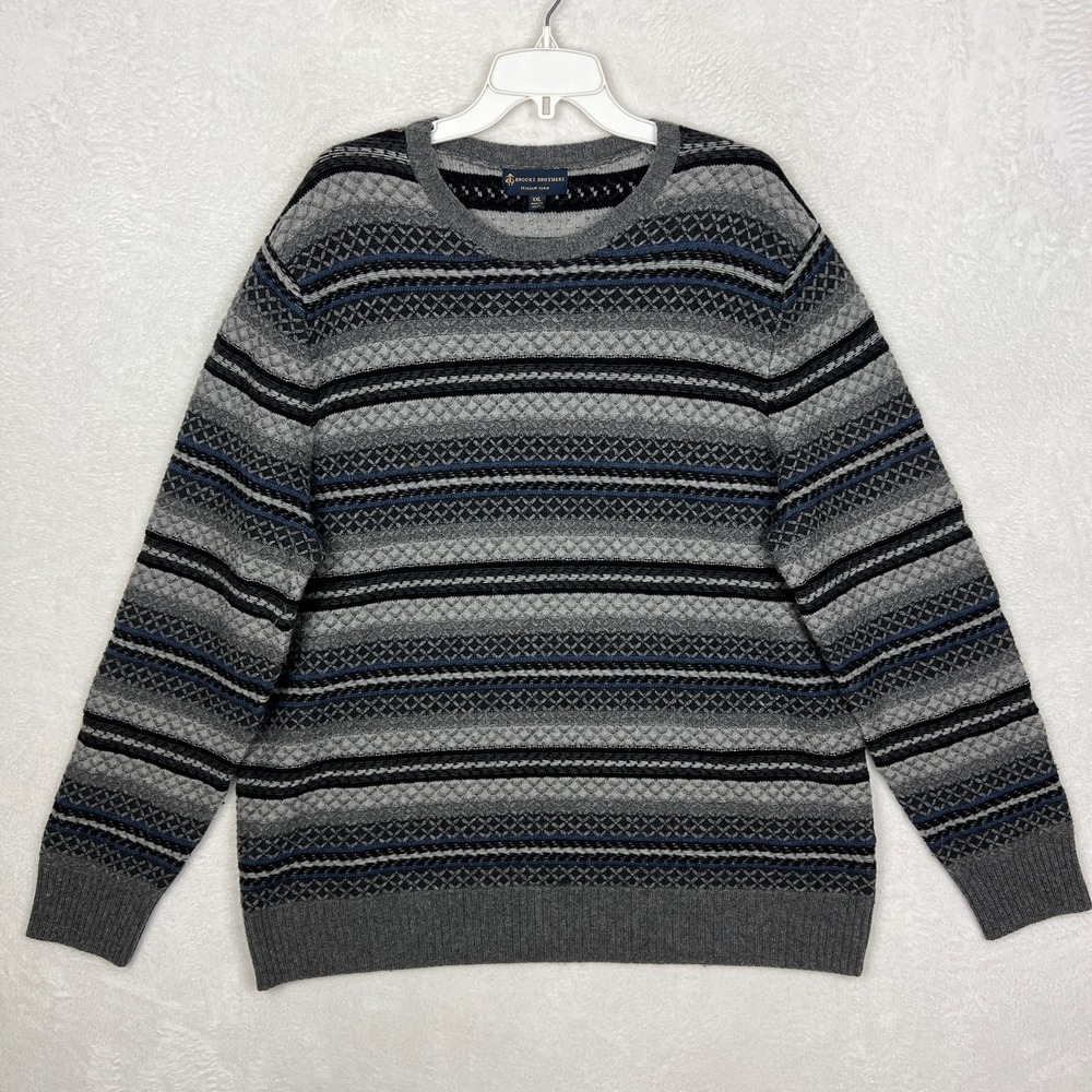 Brooks Brothers Merino Wool Sweater Mens 2XL Italian Yarn Cable Knit Gray Blue